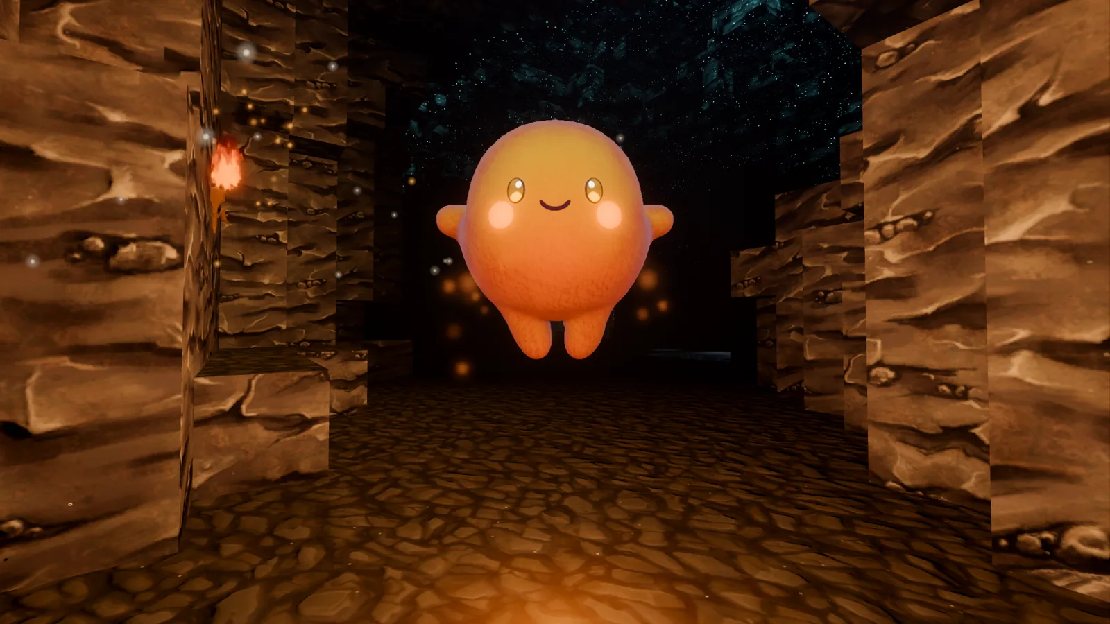 Astra floating in the warm light of the opening cave, smiling straight at the camera