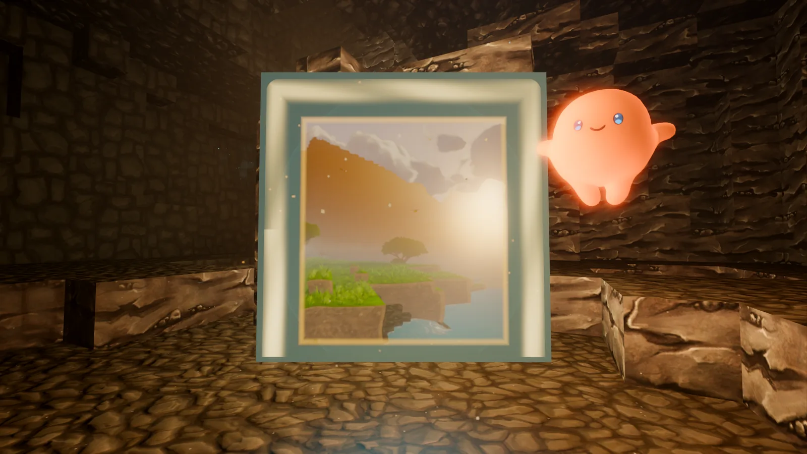 The earlier version of the gate: a flat teal rectangle set into a cut in the rock, with Astra hovering beside it