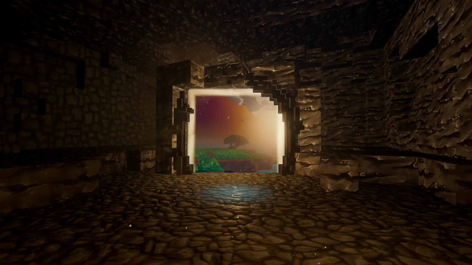 The cave doorway seen from down the corridor, with the dawn meadow bright inside the stone arch