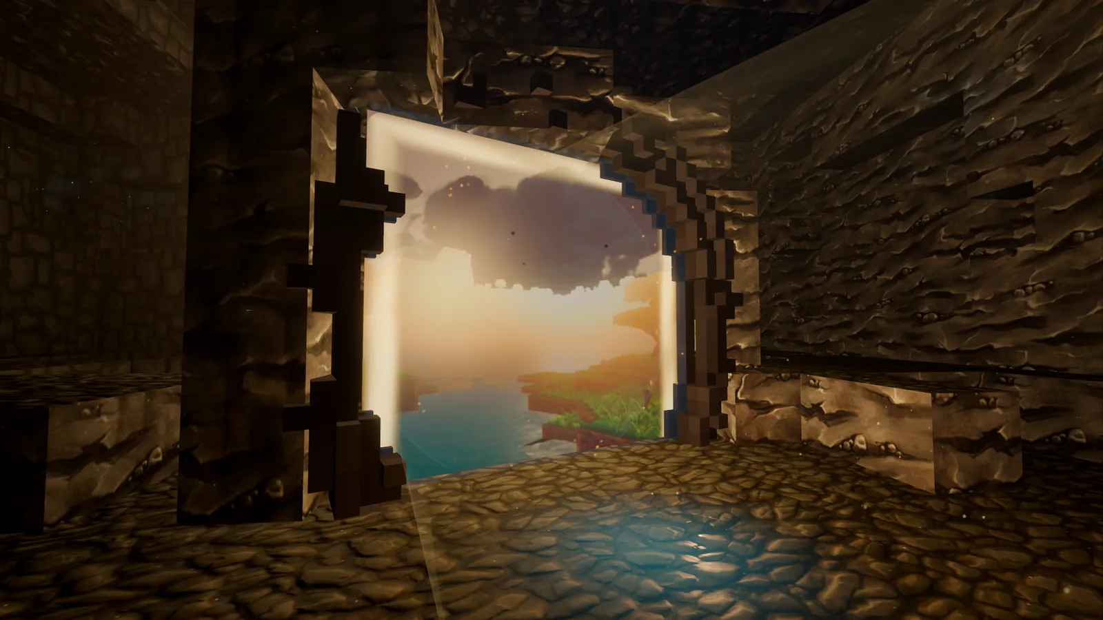 The ancient voxel arch seen from the side, with the stone reveal and the gate's light falling on the cave floor