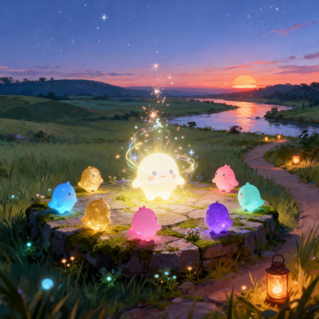 Luminids in serene landscape