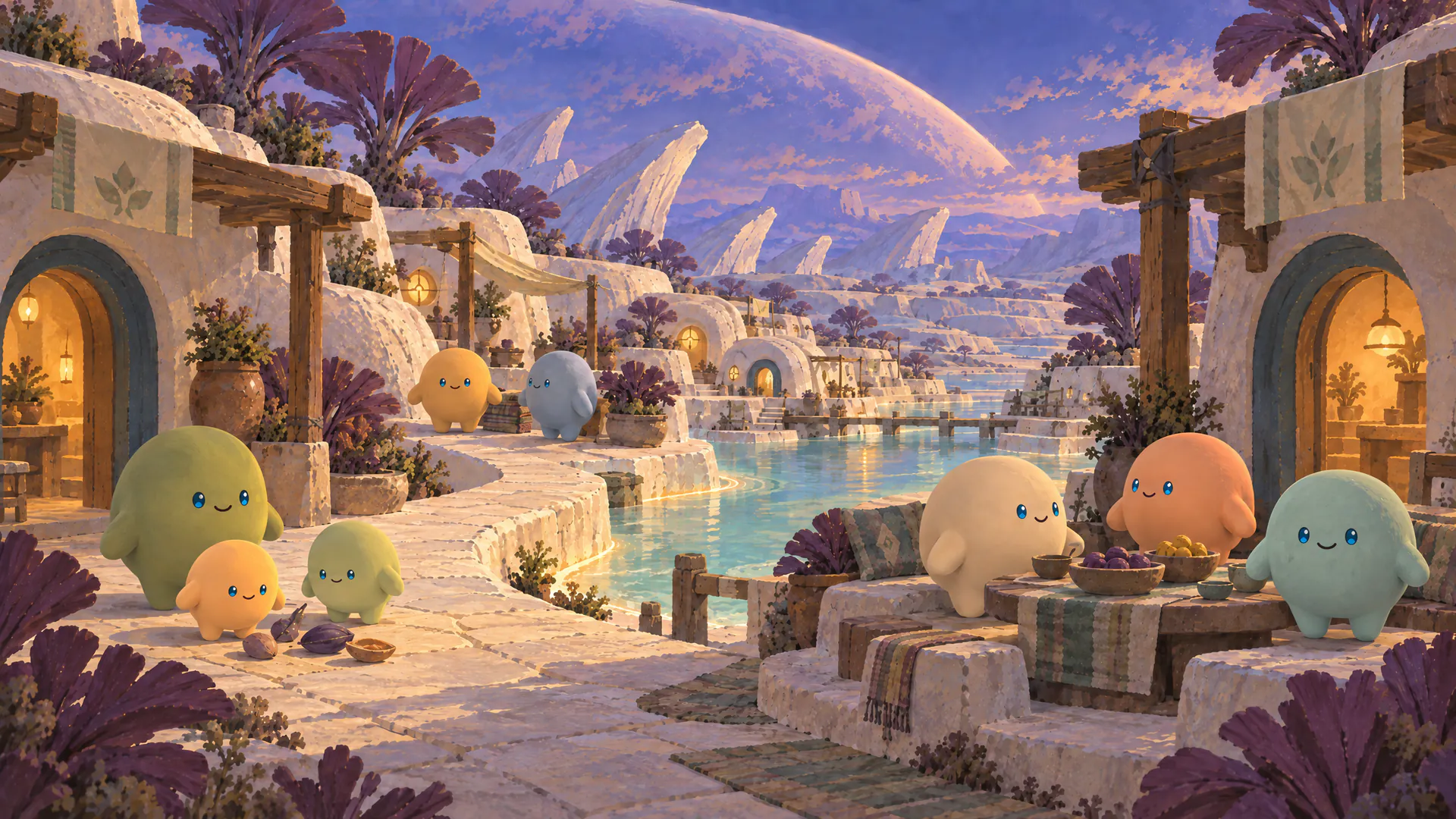 Concept art of Luminara: a neighbourhood of pale stone homes beside a canal, with Luminids gathering under a huge ringed planet
