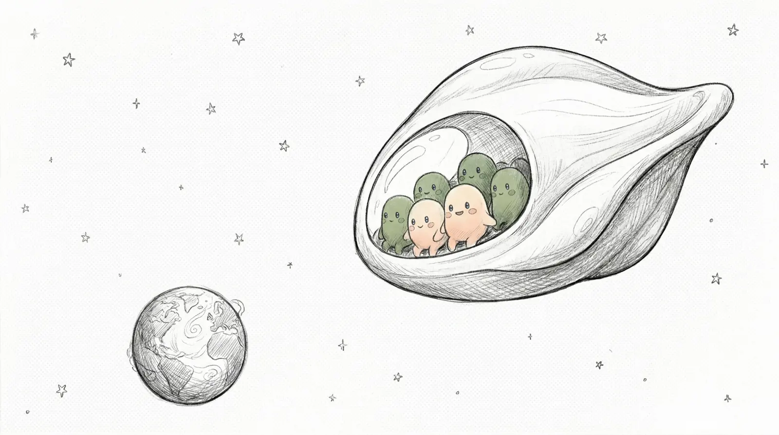 Pencil storyboard of a seed-shaped vessel drifting through stars with small Luminids curled inside
