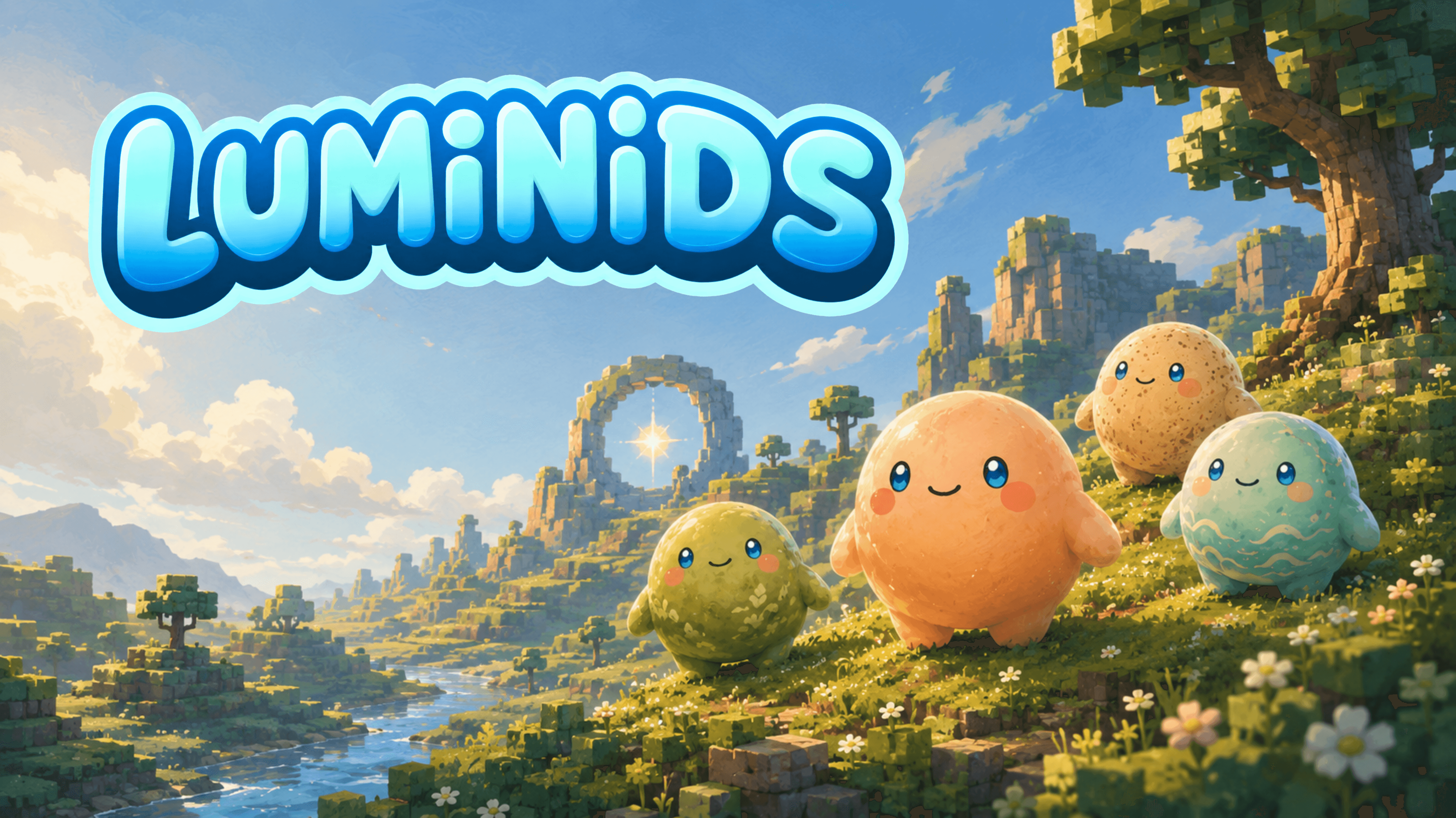 Luminids full-width banner with small creatures in a lush valley