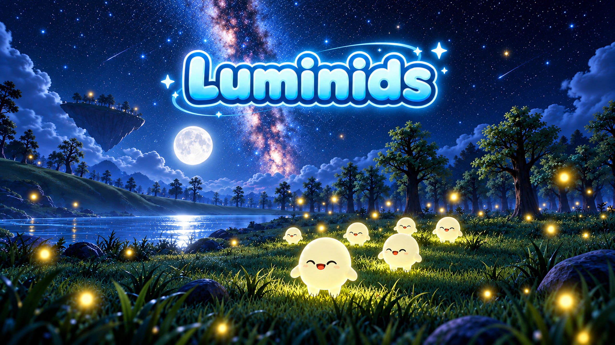 Luminids key art: glowing Luminids in a moonlit meadow beside a lake, under the Milky Way