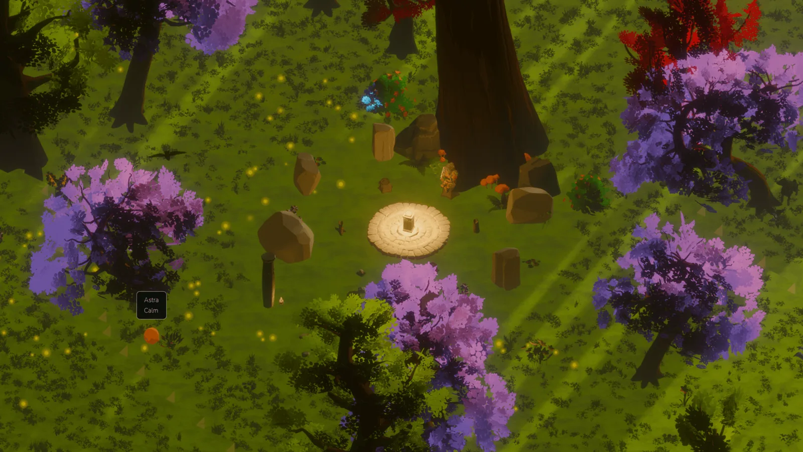 A lush grove with flowers, trees, and small glowing details