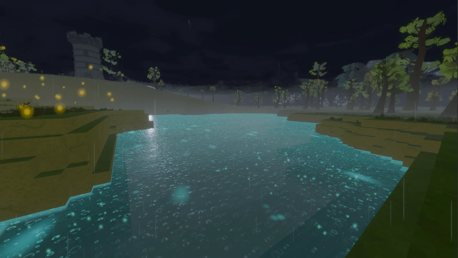 Rain falling on glowing water at night