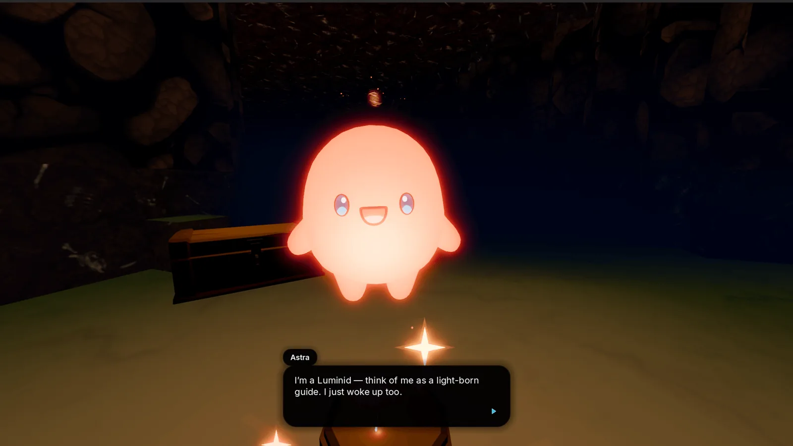 Astra the light-born guide glowing in a cave