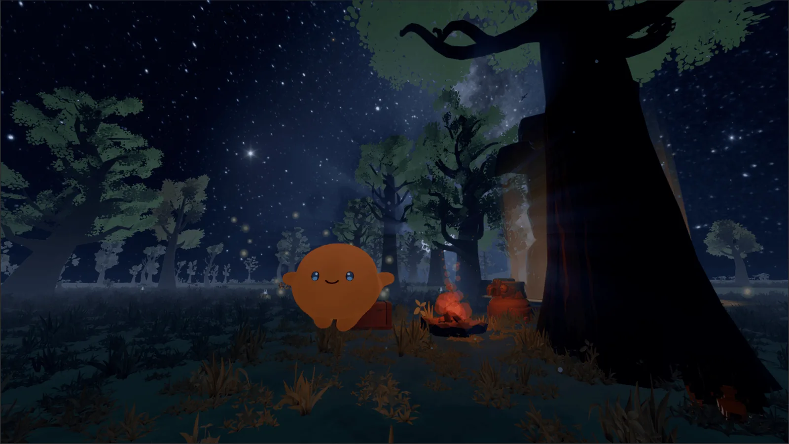 Campfire under a great tree at night