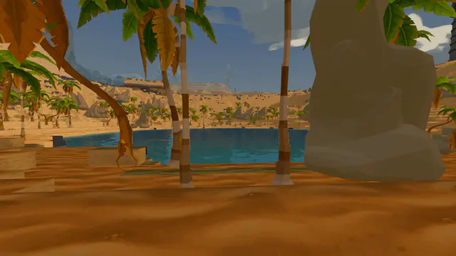 A blue desert pool ringed by palm trees, dunes, and distant sandstone structures