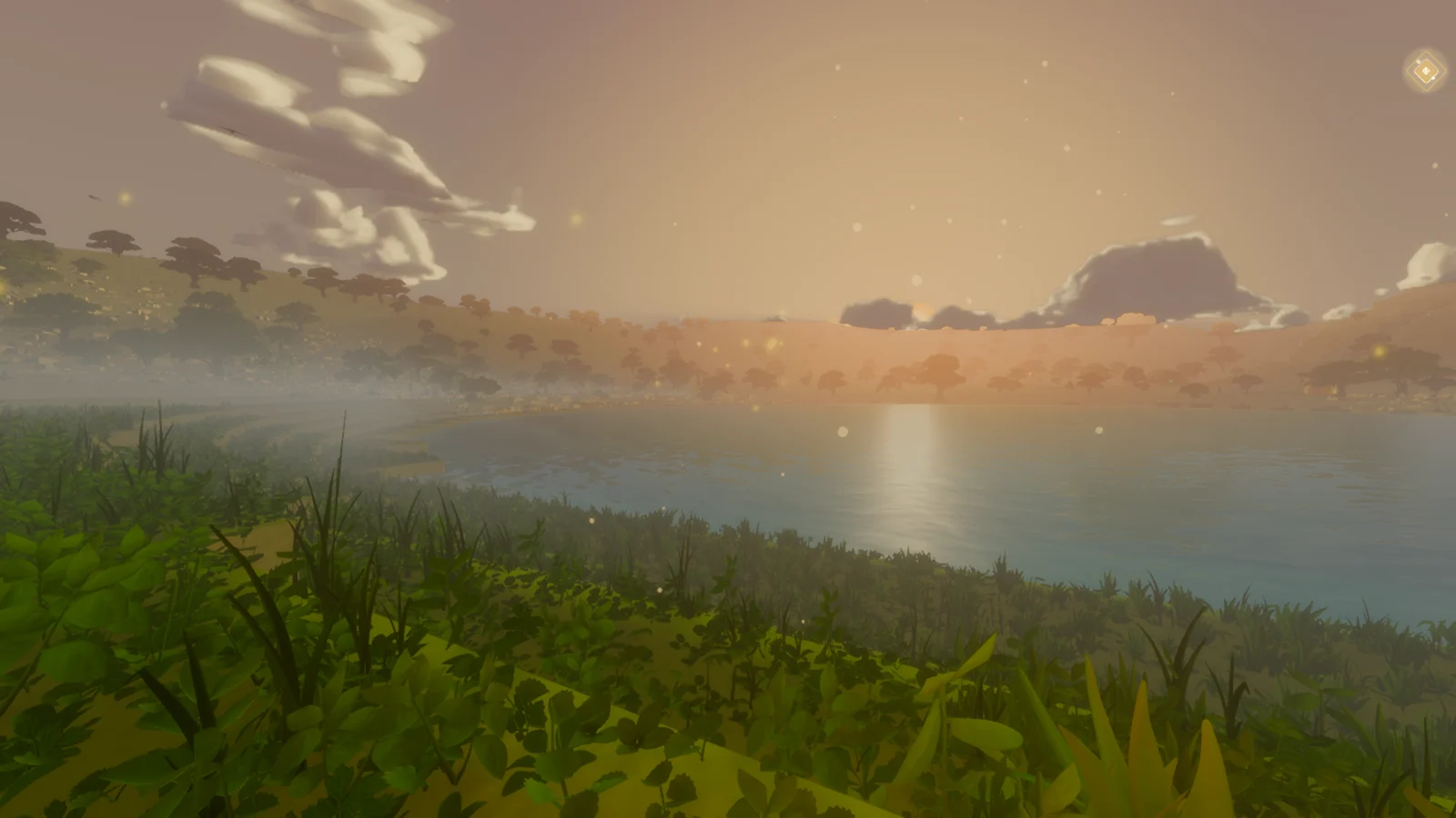 The lake at golden hour with fireflies drifting over the reeds