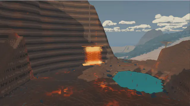 A volcanic hillside pouring lava into a turquoise pool above a distant green coastline
