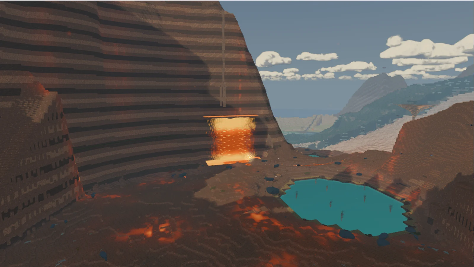 A lavafall pouring into a caldera beside a hot pool