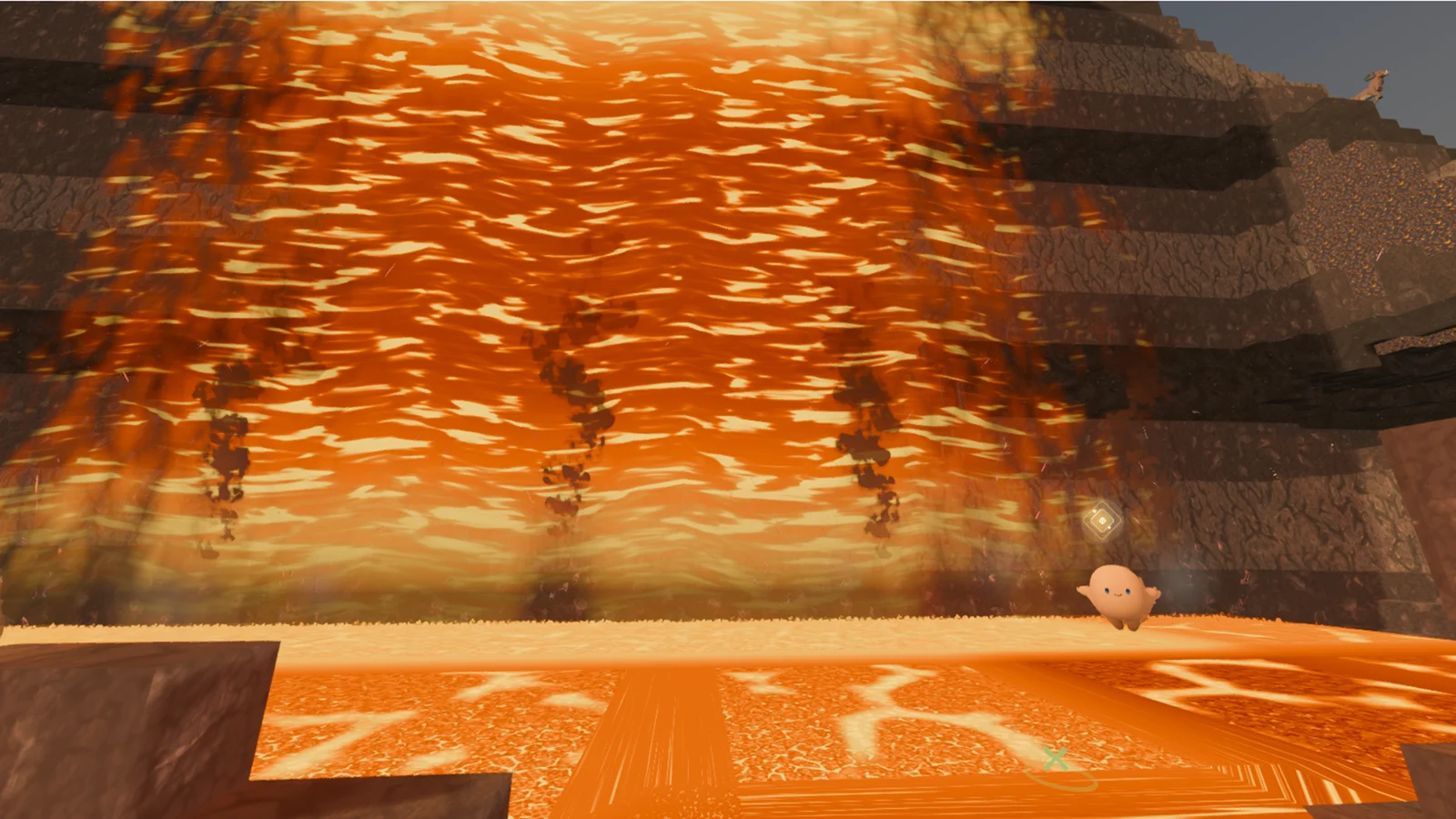 A Luminid standing at the foot of an enormous lavafall