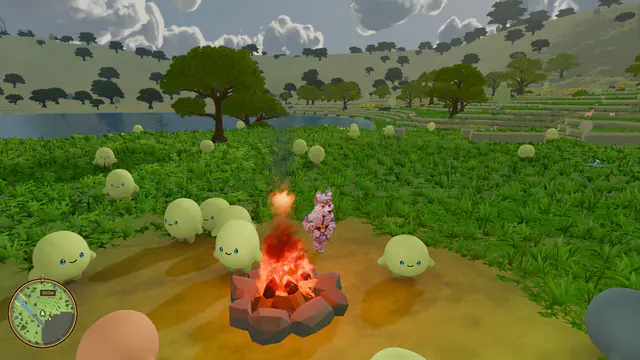 A group of pale green Luminids gathered around a campfire in a sunny meadow beside a lake, with a player character standing at the fire