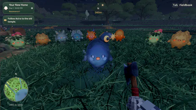 At night, a blue Luminid with a moon and star crest floats close to the camera while a row of differently shaped Luminids waits in the grass behind it