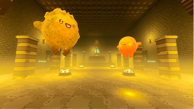 Astra and Tansy, two floating Luminids, in a golden stone temple hall lit with warm light