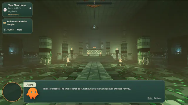 Inside a green stone temple, Astra speaks in a dialogue box about the Star Rudder, a relic at the far end of the hall