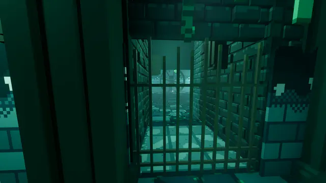 A barred iron gate in a teal stone temple, with a wheel-shaped relic glowing faintly in the chamber beyond