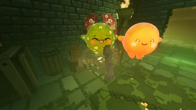 A flower-covered green Luminid and a glowing orange Luminid float side by side in a torch-lit green temple corridor