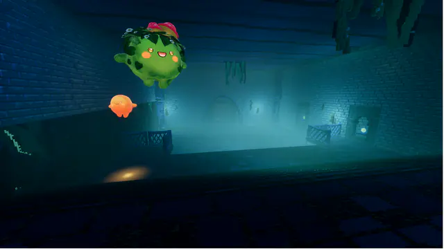 A leafy green Luminid with a mushroom cap and a small orange Luminid float above a misty, flooded temple hall