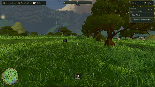 A first-person walk through tall grass in the Plains Meadow, with animals grazing under broad trees and waterfalls on the cliffs beyond