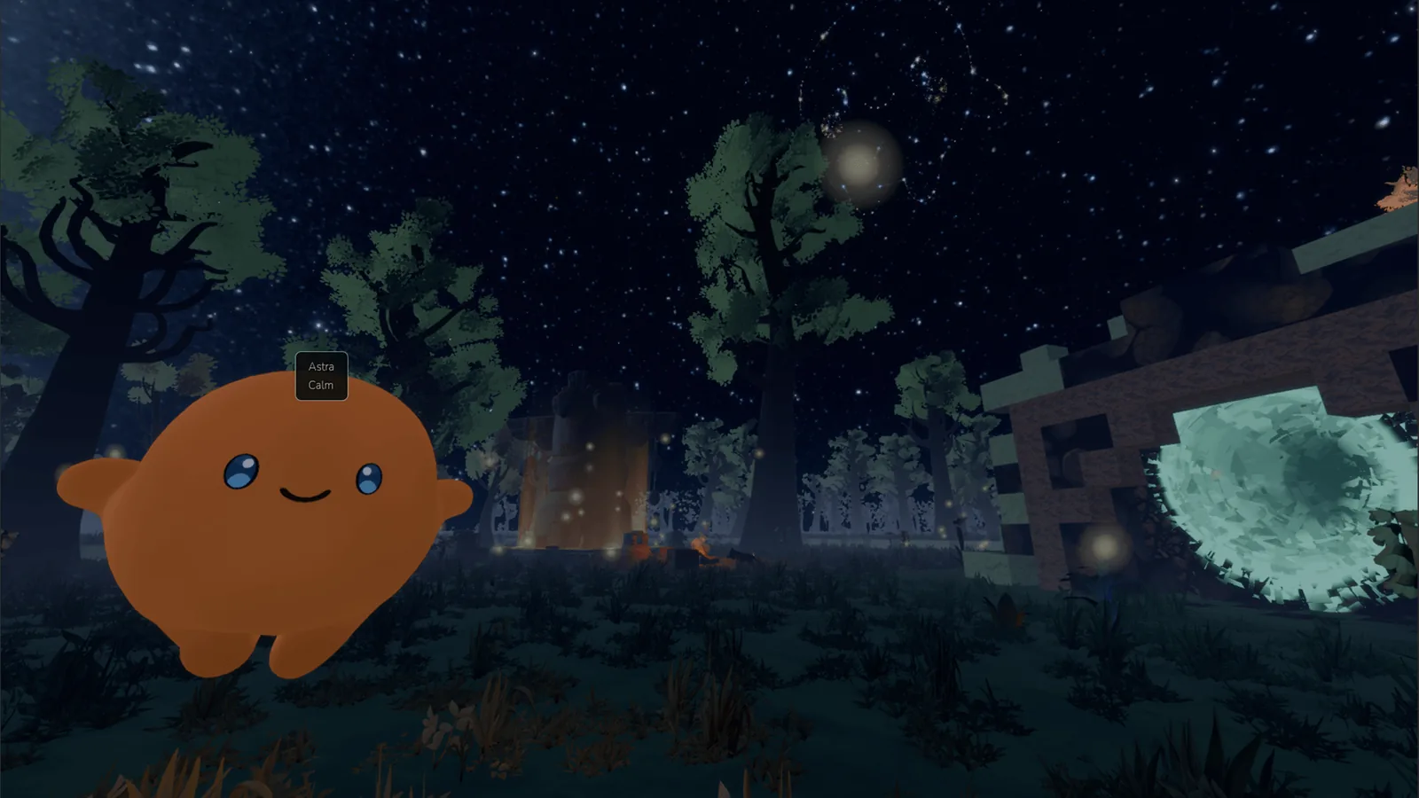 Night gateway and fireflies in the forest