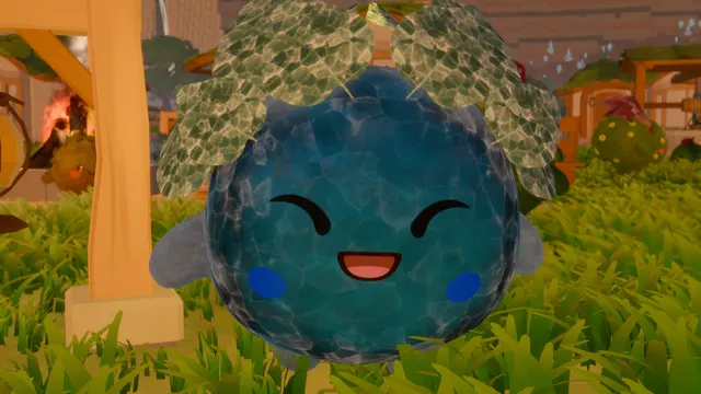 A frosty blue Luminid with icy leaves on its head laughs at the camera in the village grass