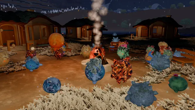 At night, a crowd of different Luminids gathers around a smoking campfire in the middle of a village of cottages