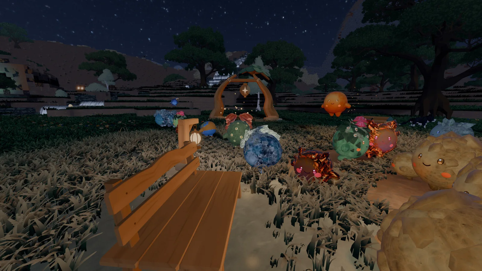 A starry night on the village green, with Luminids of many kinds drifting past a wooden bench toward a glowing lantern arch