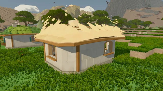 A new cottage on a grassy lot as its pale roof flies into place on light, beside a finished leaf-roofed home