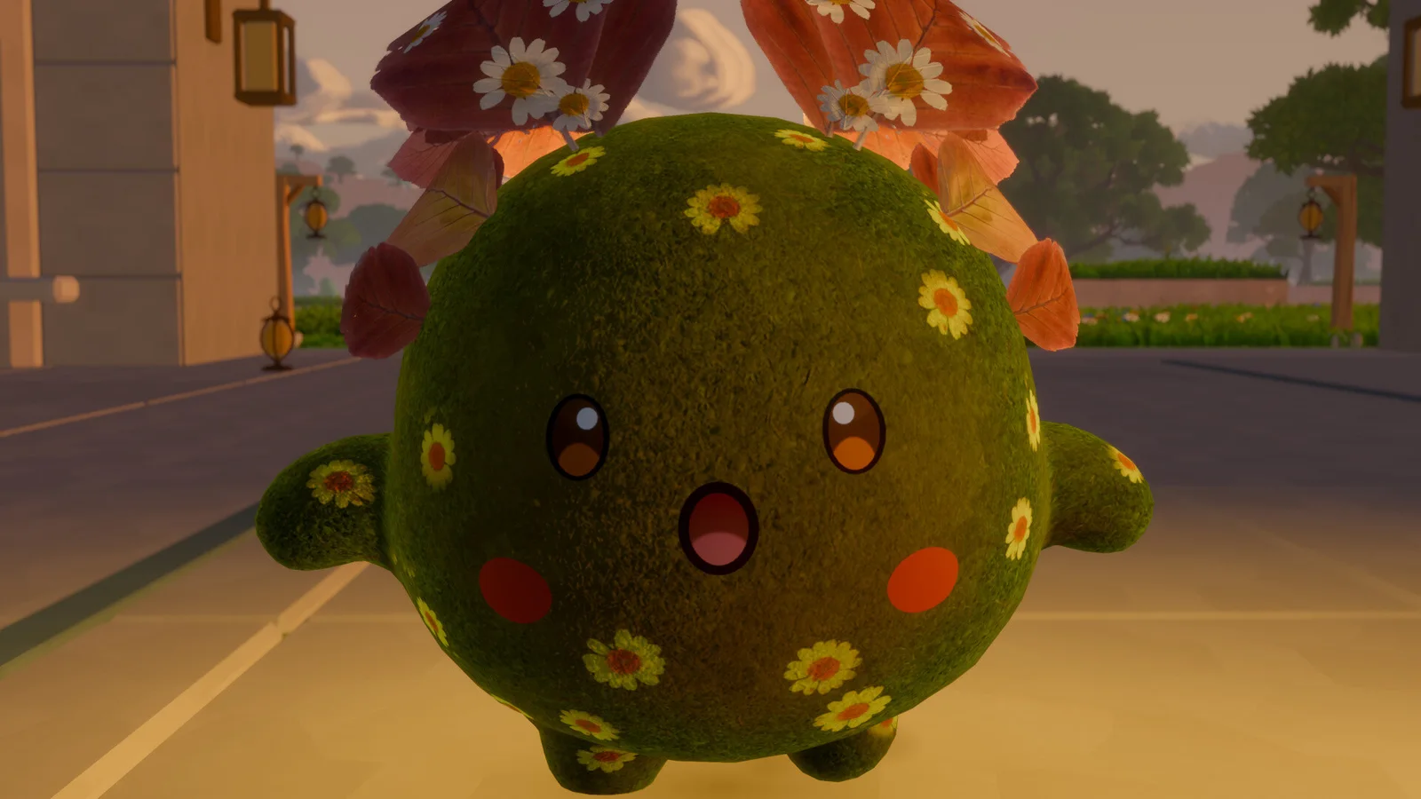 A round, flower-covered moss Luminid with leafy ears floats close to the camera on a village road at golden hour, mouth open in surprise