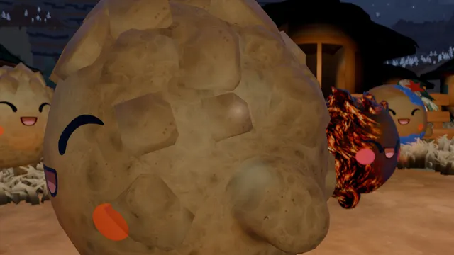 A stony, rock-textured Luminid grins into the camera at night, with an ember Luminid and others laughing behind it