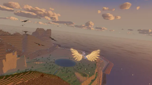 The player glides on glowing golden wings high above the island at dusk, over cliffs, a round lake and the open sea, with birds alongside