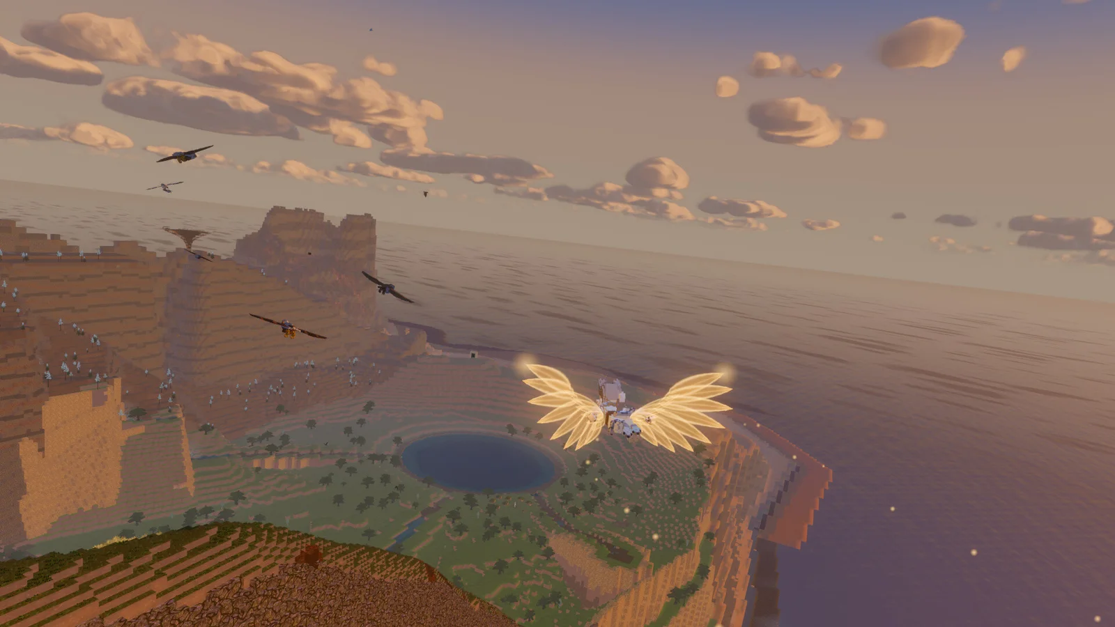 The player glides on glowing golden wings high above the island at dusk, over cliffs, a round lake and the open sea, with birds alongside