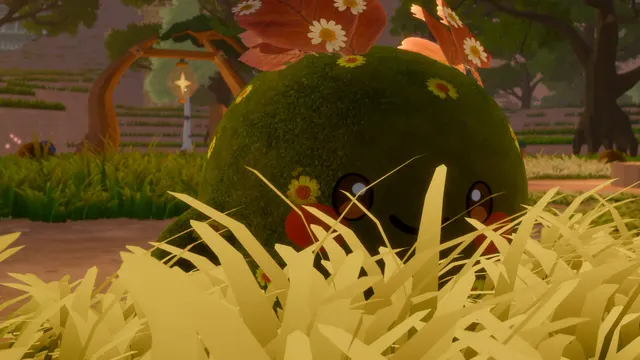 A mossy green Luminid with daisies and autumn leaves on her head peeks out at the camera through tall golden grass